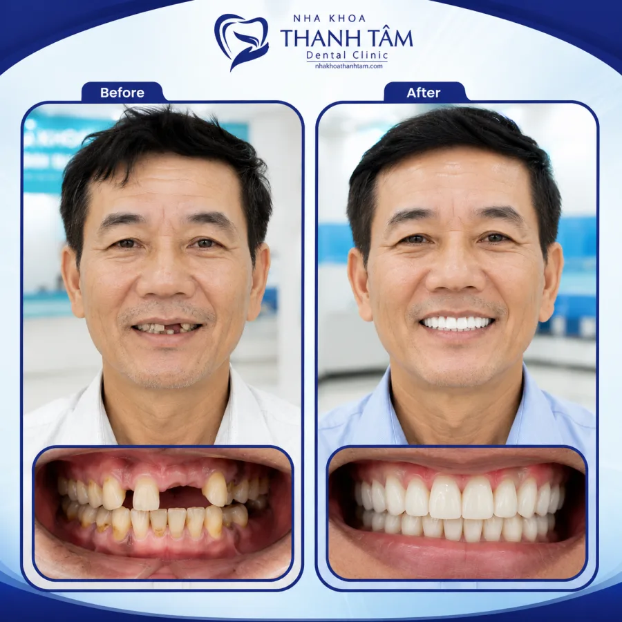 Hình ảnh minh hoạ trước và sau khi phục hình răng tại Nha khoa Thanh Tâm